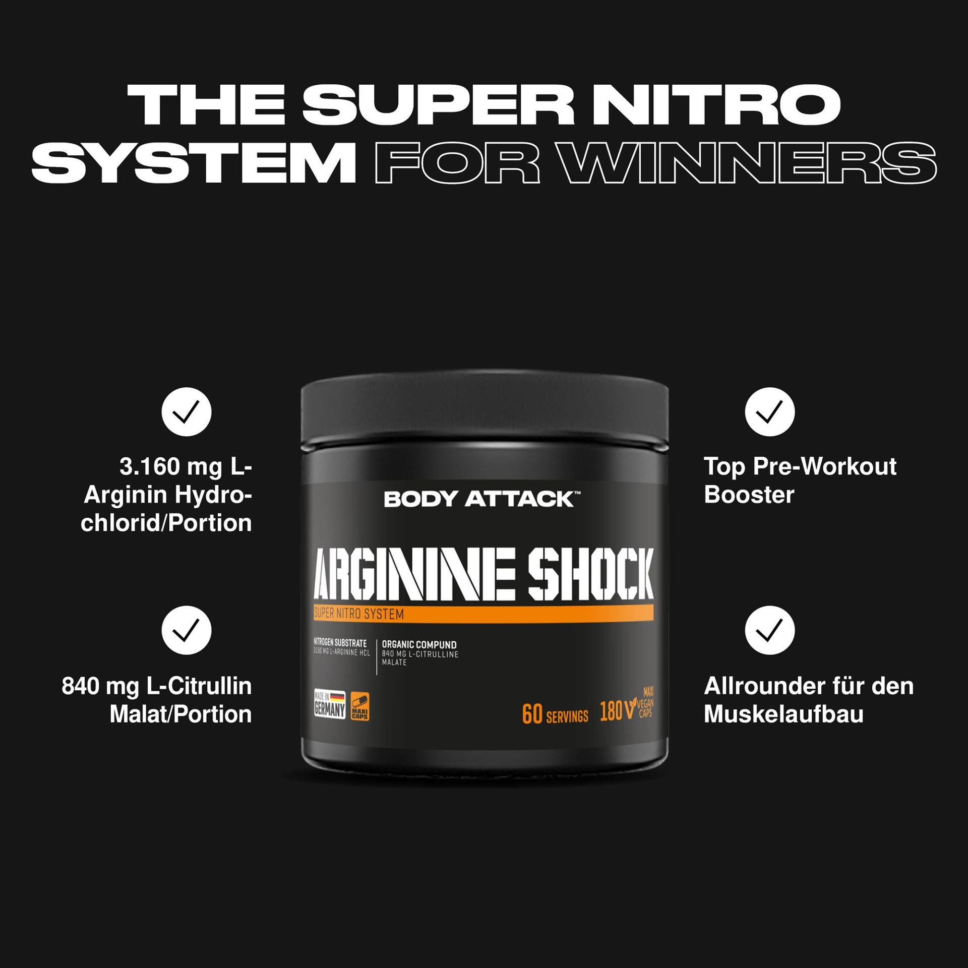 Body Attack Arginine Shock 180 Kapseln