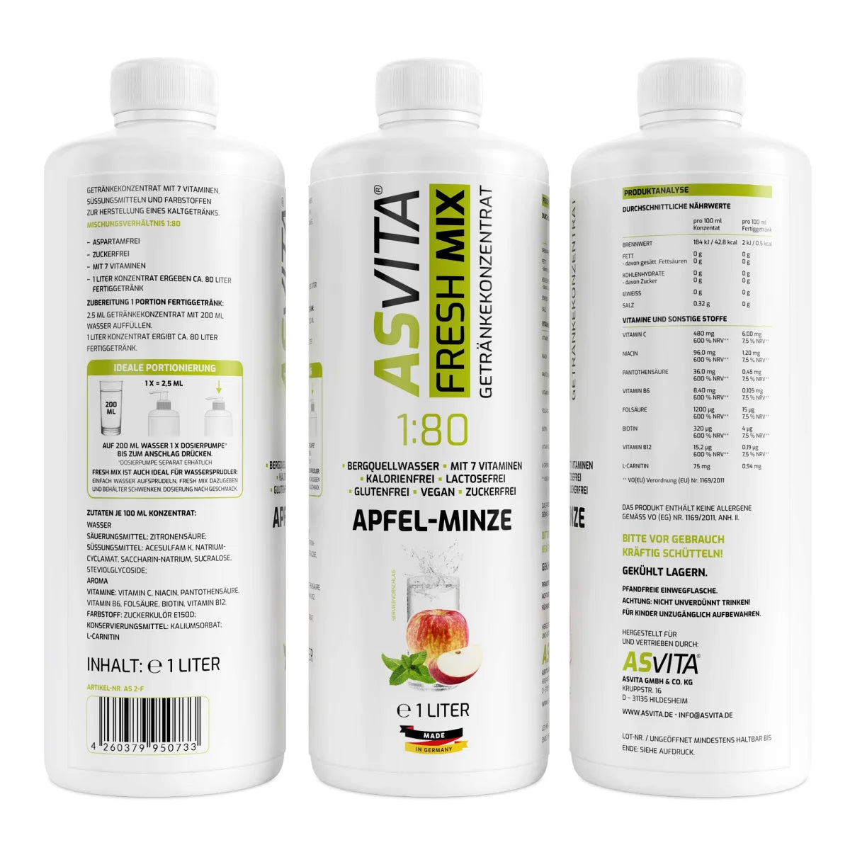 ASVita Fresh Mix Getränkekonzentrat 1:80 1L Apfel Minze