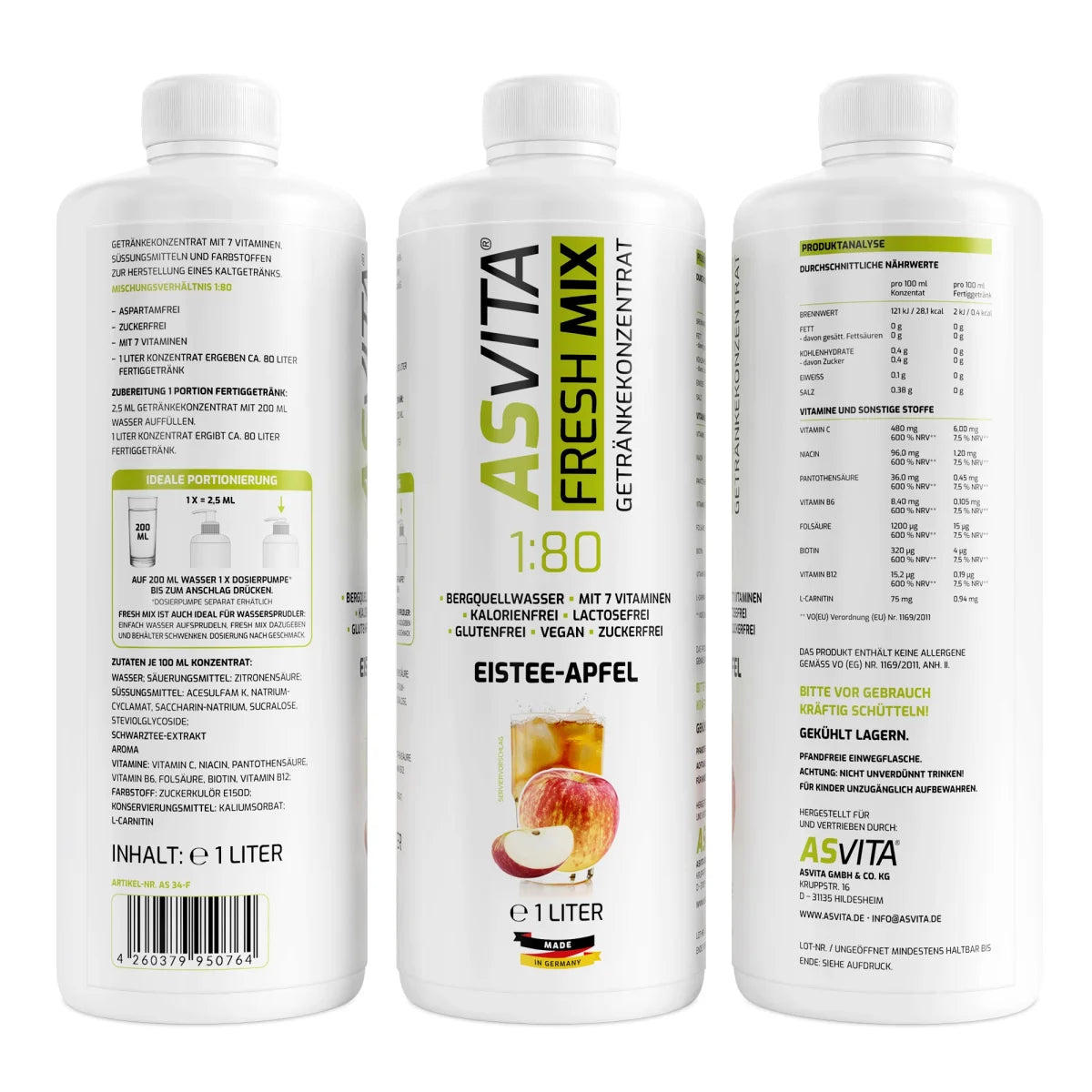 ASVita Fresh Mix Getränkekonzentrat 1:80 1L Eistee-Apfel