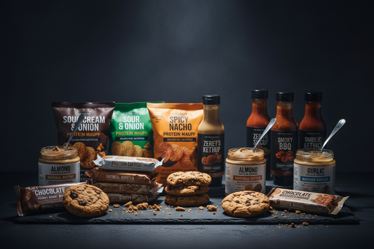 Hintergrund: Dunkel
Vordergrund: Sportliche Snacks: Protein-Kekse, Protein-Chips, Aufstriche, Zero Sugar Burger-Soßen usw.