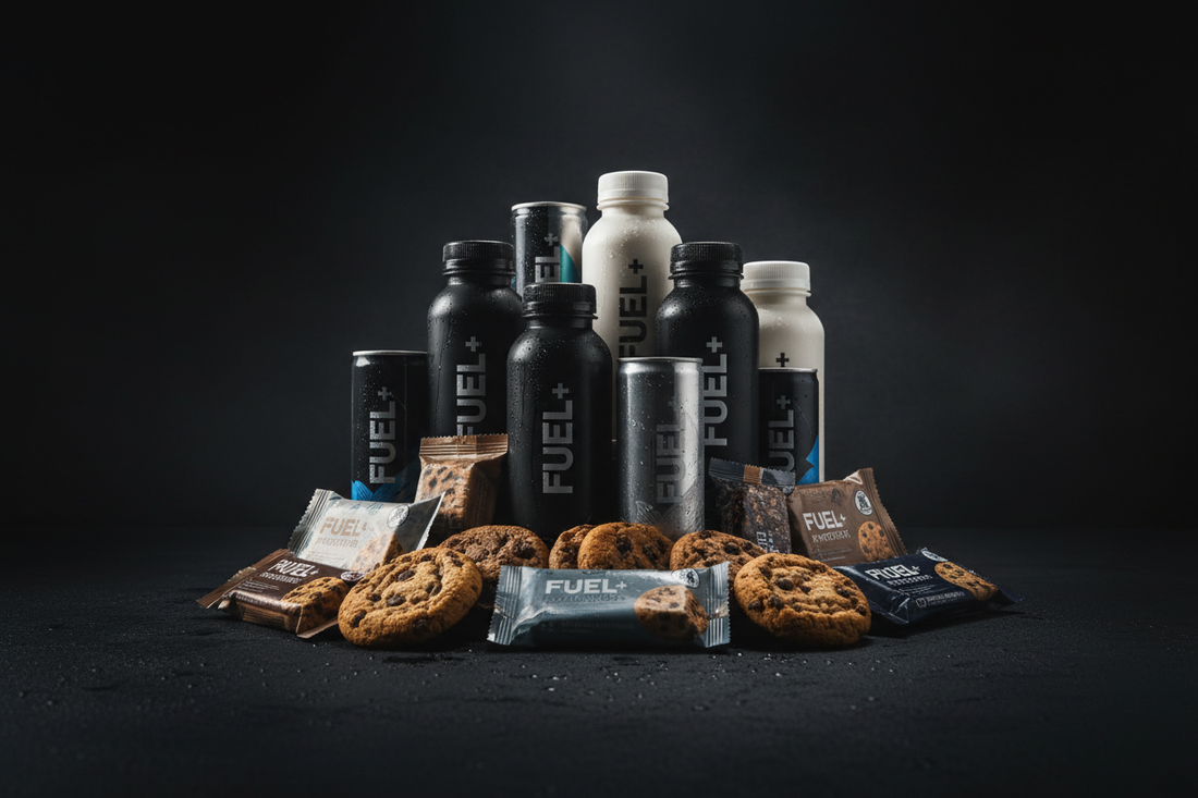 Snacks & Getränke wie Protein-Cookies, Protein-Riegel, Protein-Shakes und Energydrinks. Dunkler Hintergrund.