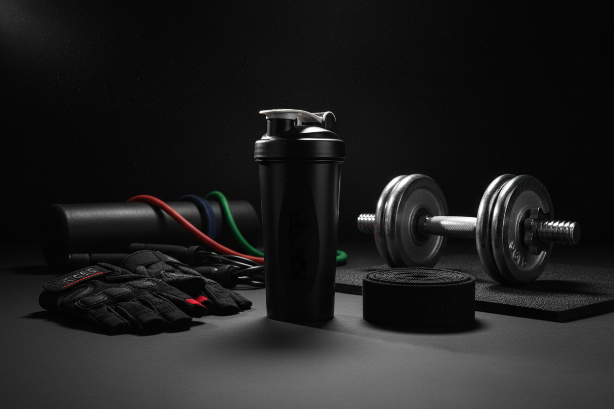 Zubehör wie Shaker, Trainingshandschuhe, Lastzughilfen usw. - Dunkler Hintergrund